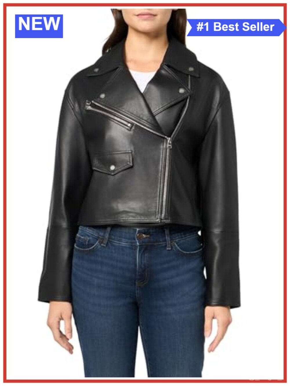 Cropped Leather Biker Jacket Long Sleeve Zip Moto